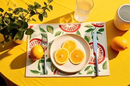 Farbe auf dem Tisch mit Platzdeckchen mit Früchten